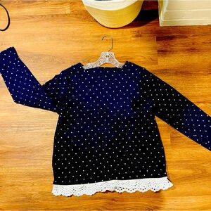 Polka Dot Sweater Shirt with Lace Trim - women’s Medium Petite